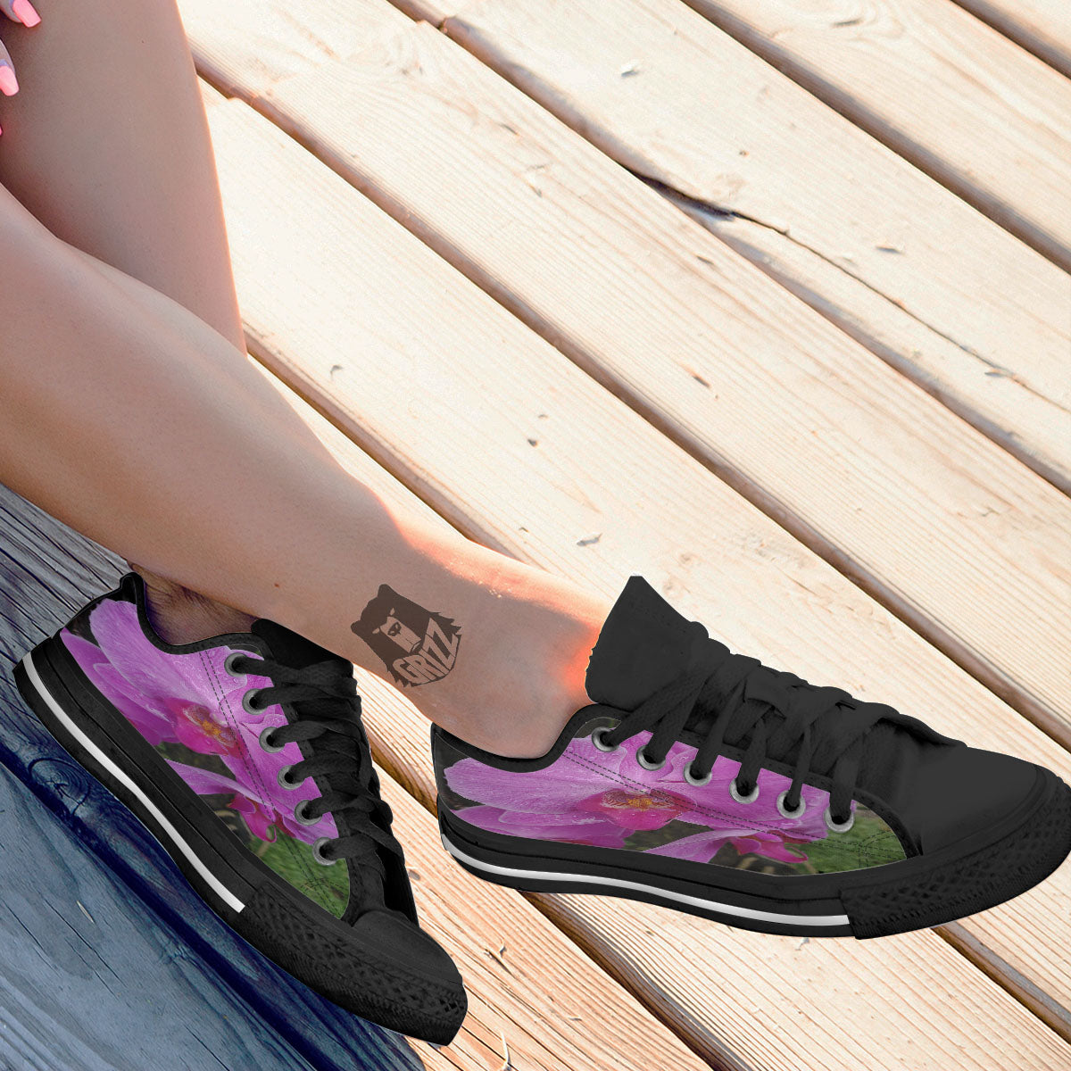 Orchid Flower Magenta Print Black Low Top Shoes-grizzshop