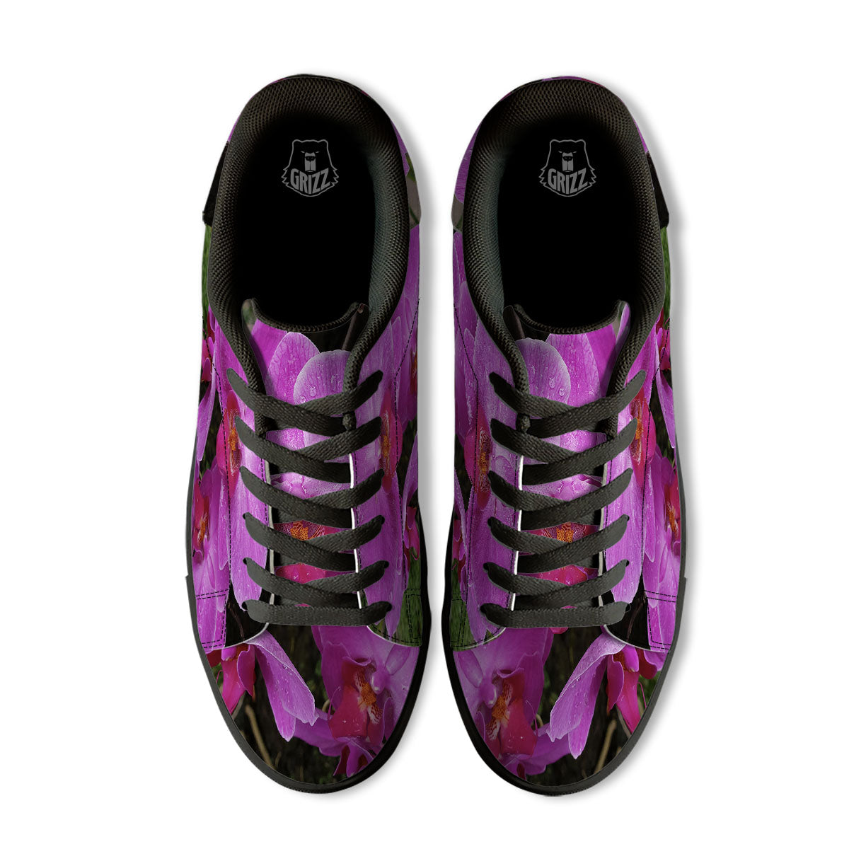 Orchid Flower Magenta Print Black Low Top Sneakers-grizzshop