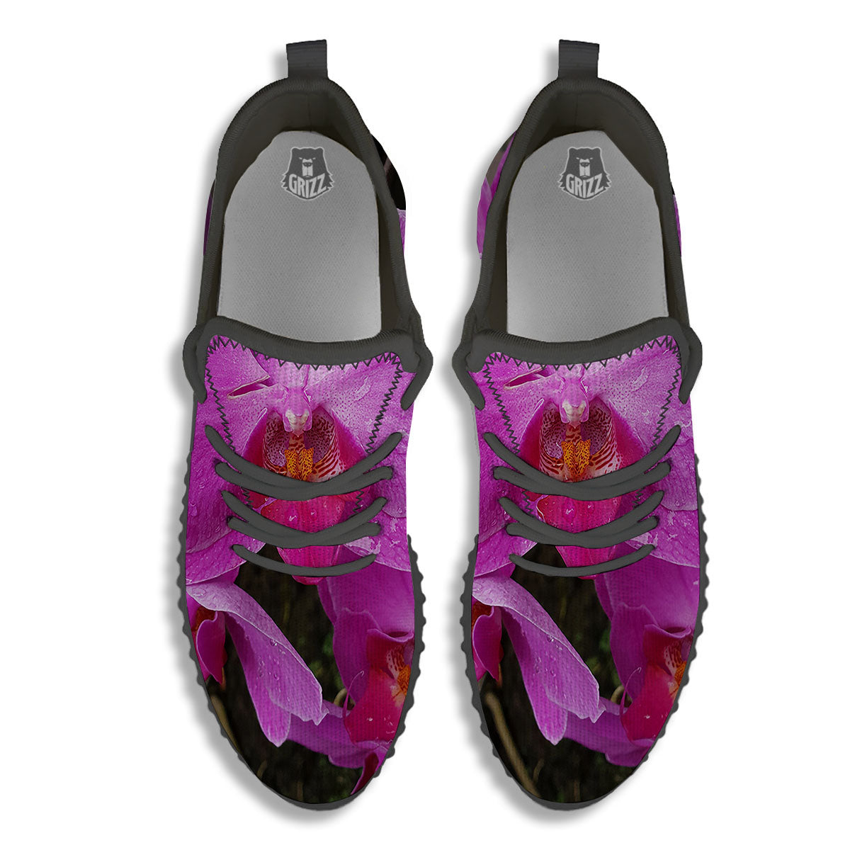Orchid Flower Magenta Print Black Walking Shoes-grizzshop