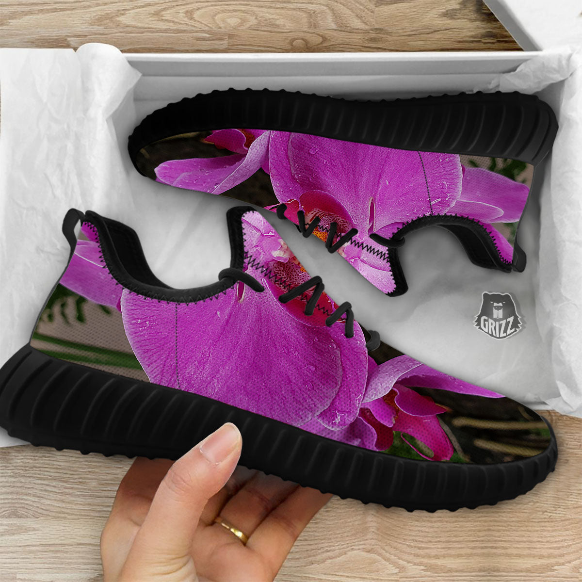 Orchid Flower Magenta Print Black Walking Shoes-grizzshop