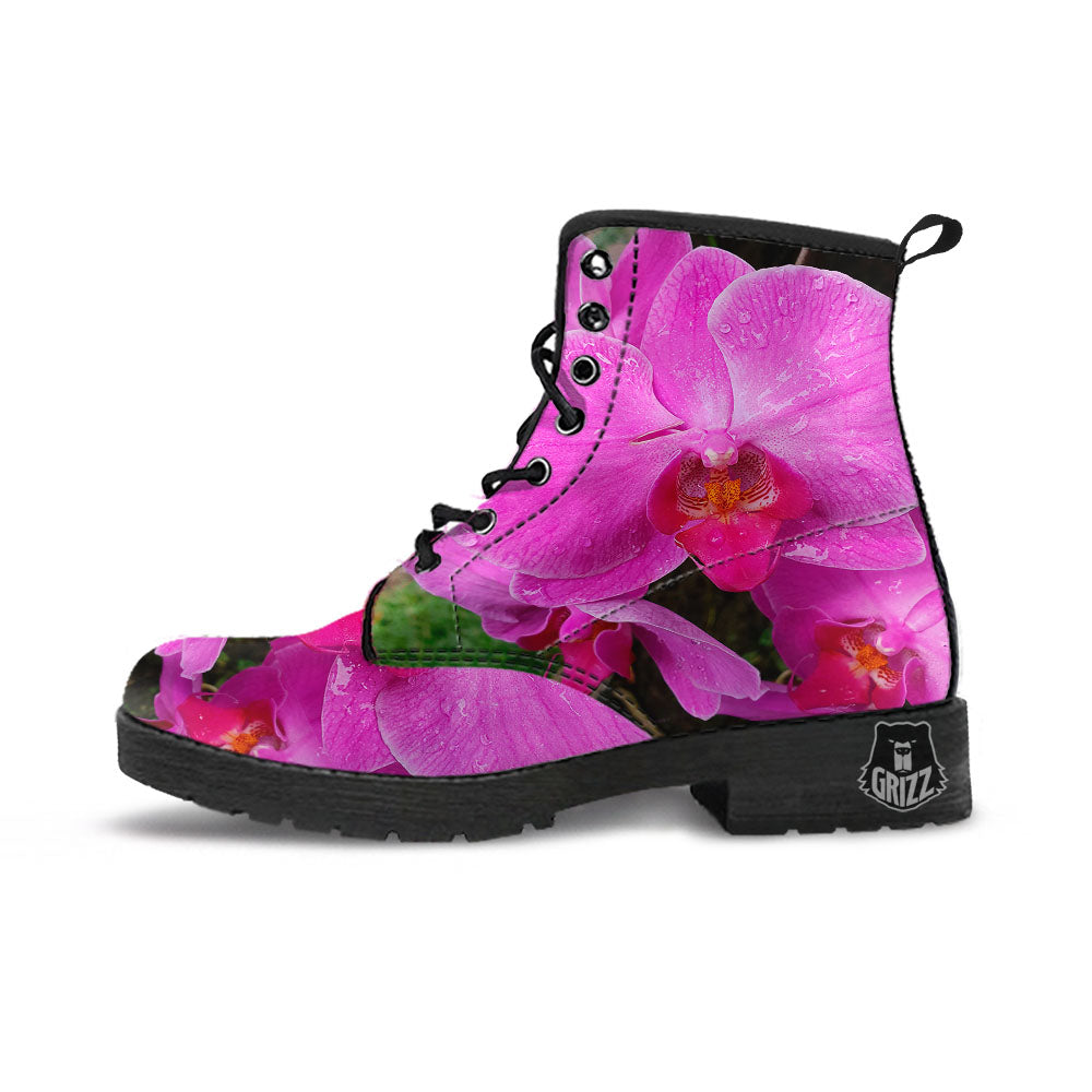 Orchid Flower Magenta Print Leather Boots-grizzshop