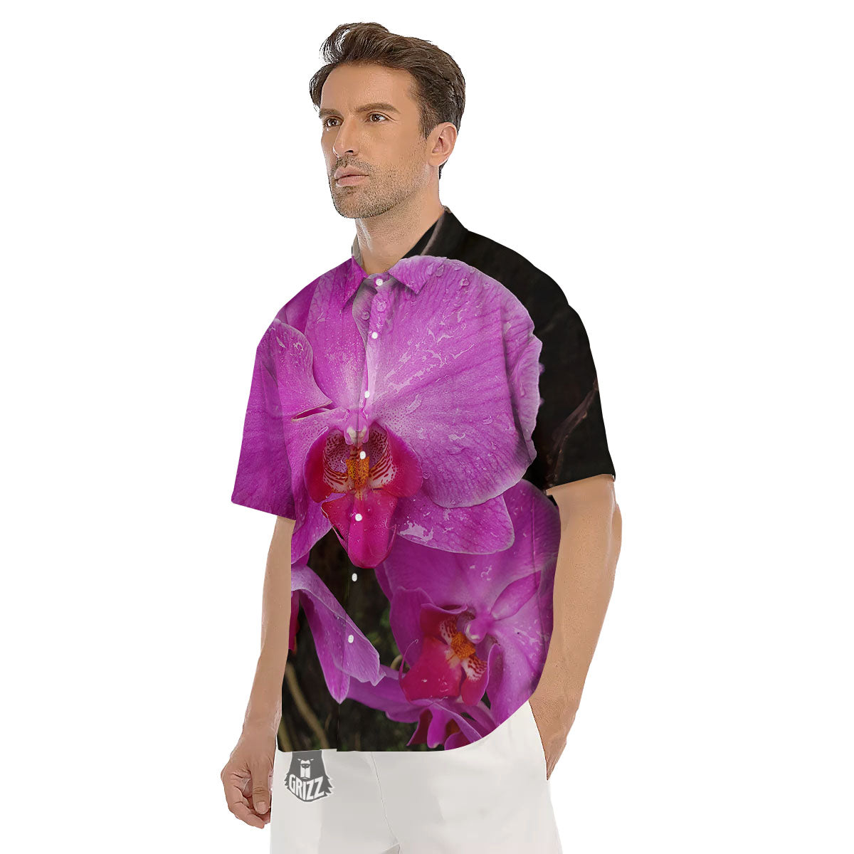 Orchid Flower Magenta Print Men's Short Sleeve Shirts-grizzshop