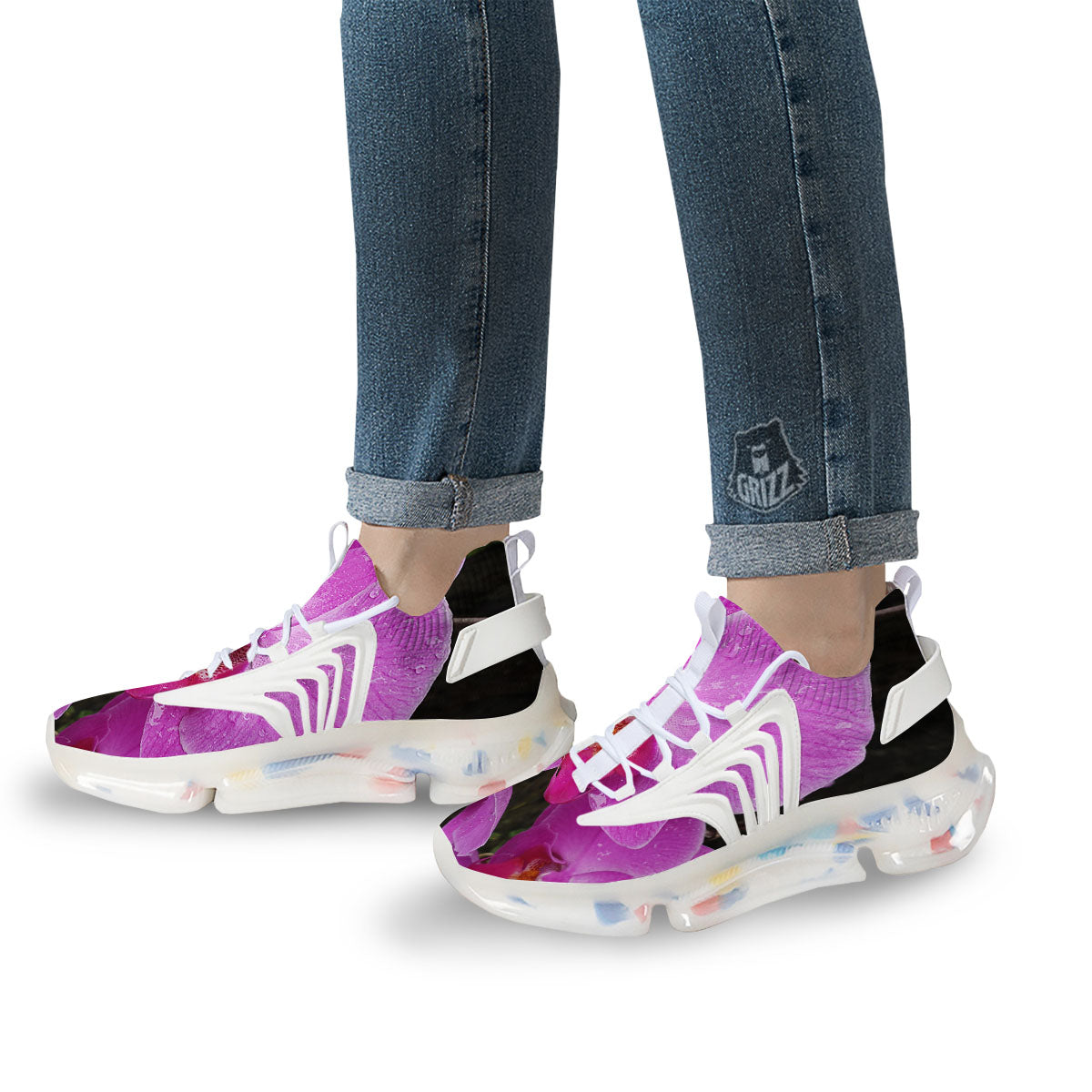 Orchid Flower Magenta Print White Gym Shoes-grizzshop