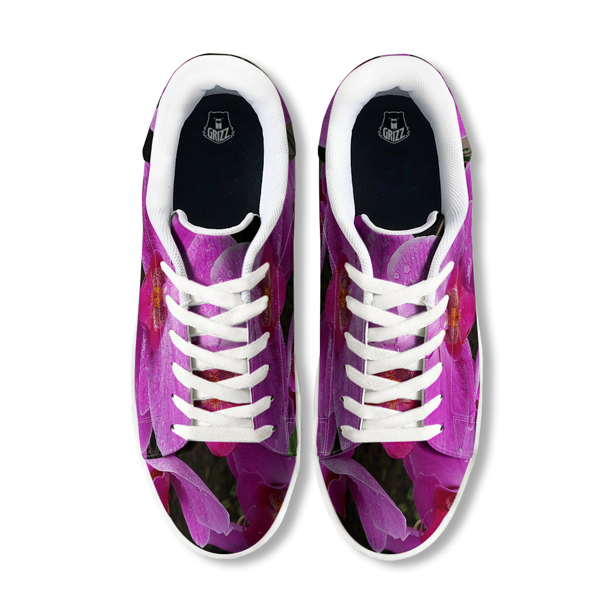 Orchid Flower Magenta Print White Low Top Sneakers-grizzshop