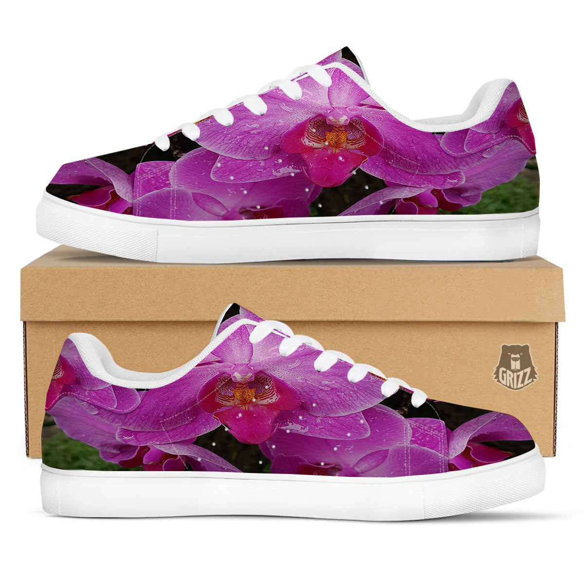Orchid Flower Magenta Print White Low Top Sneakers-grizzshop
