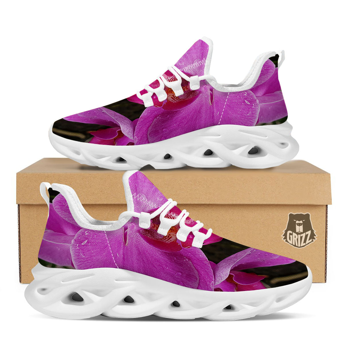 Orchid Flower Magenta Print White Running Shoes-grizzshop