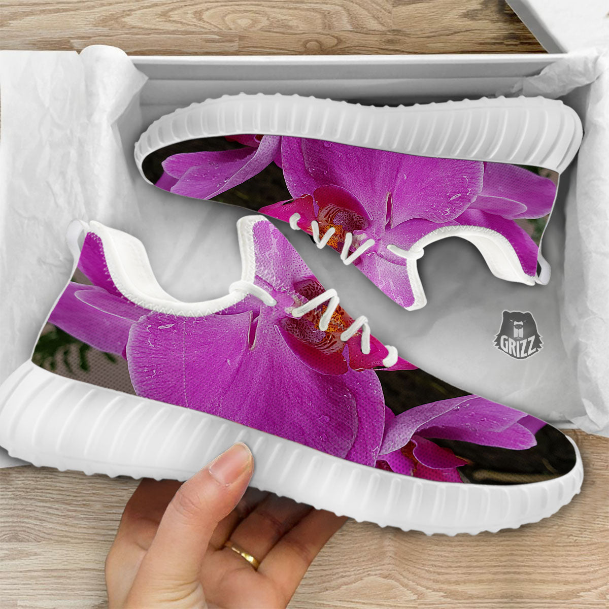 Orchid Flower Magenta Print White Walking Shoes-grizzshop