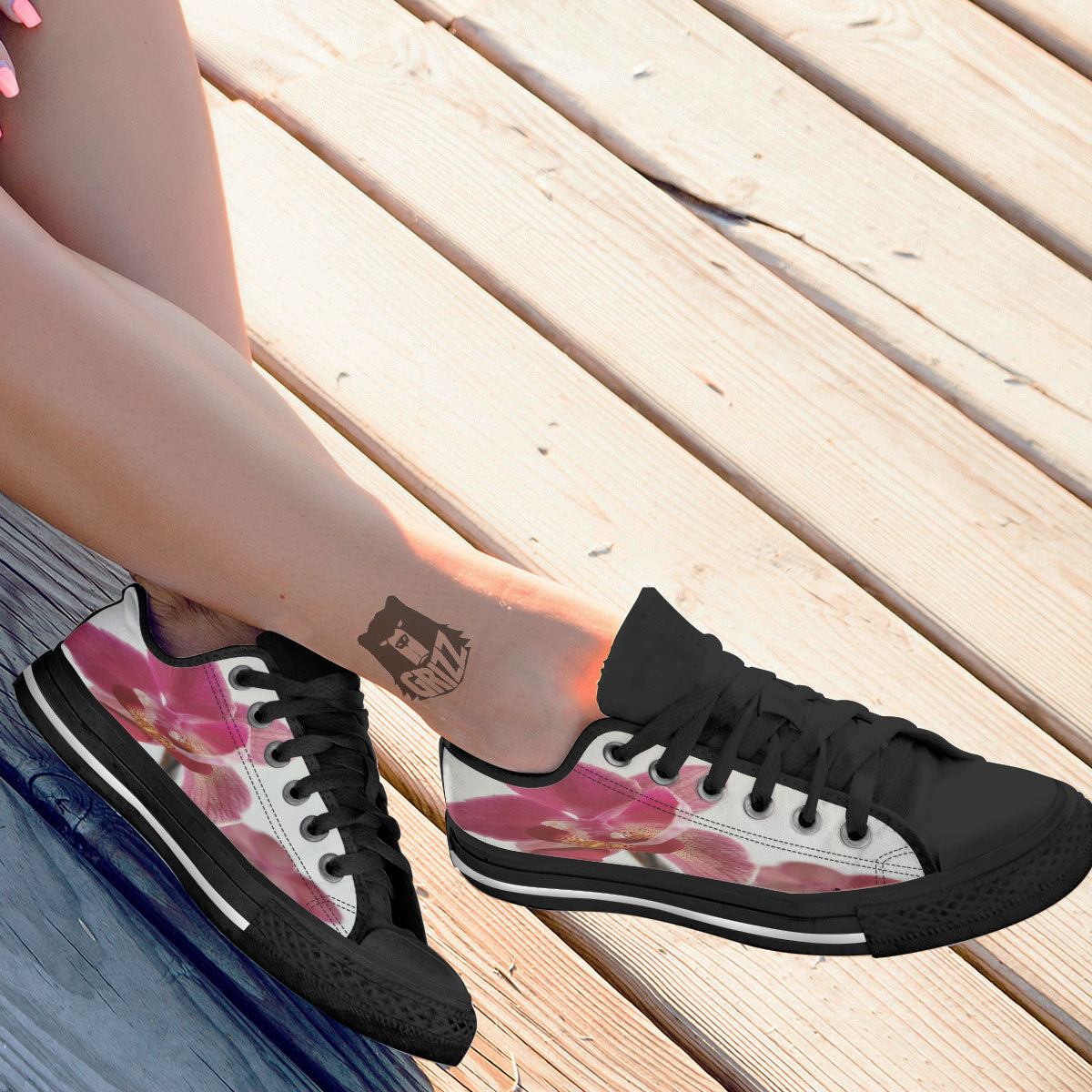 Orchid Flower Pink Print Black Low Top Shoes-grizzshop