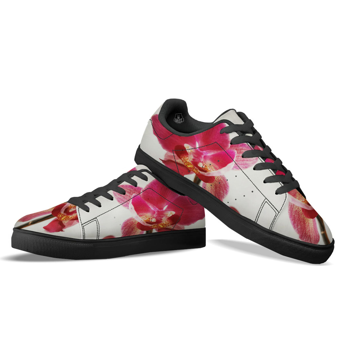 Orchid Flower Pink Print Black Low Top Sneakers-grizzshop