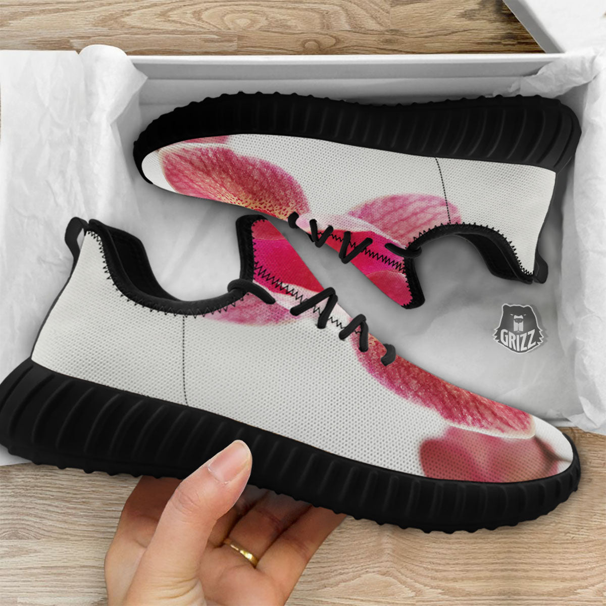 Orchid Flower Pink Print Black Walking Shoes-grizzshop