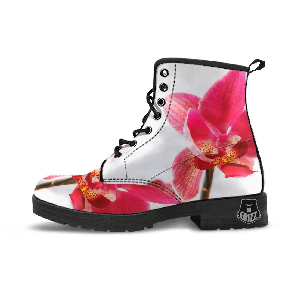 Orchid Flower Pink Print Leather Boots-grizzshop