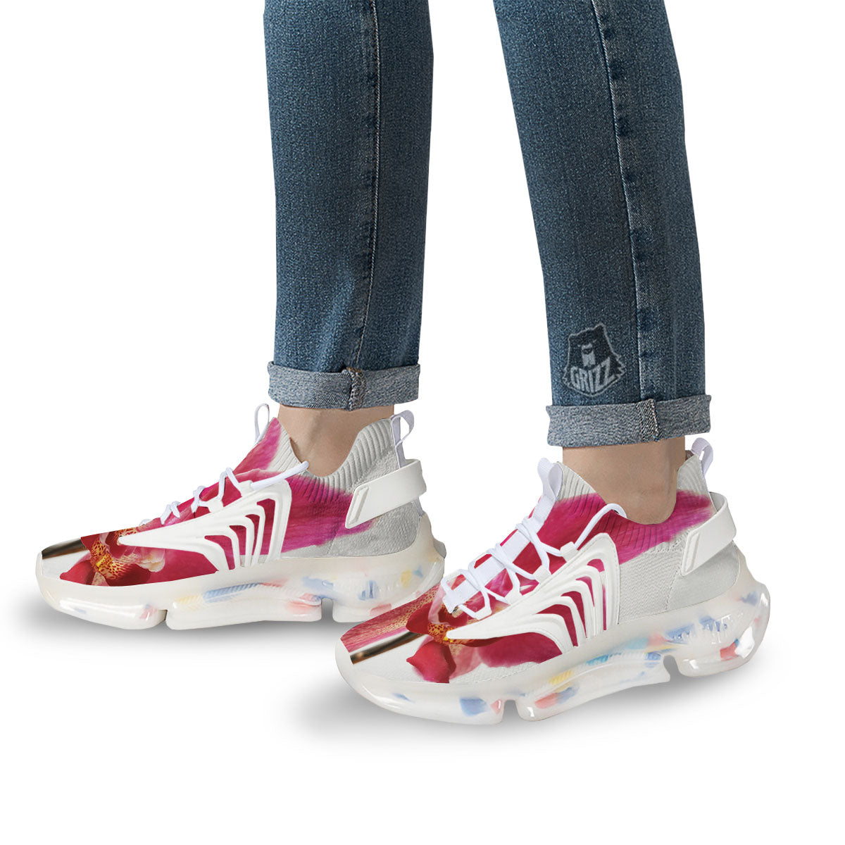 Orchid Flower Pink Print White Gym Shoes-grizzshop