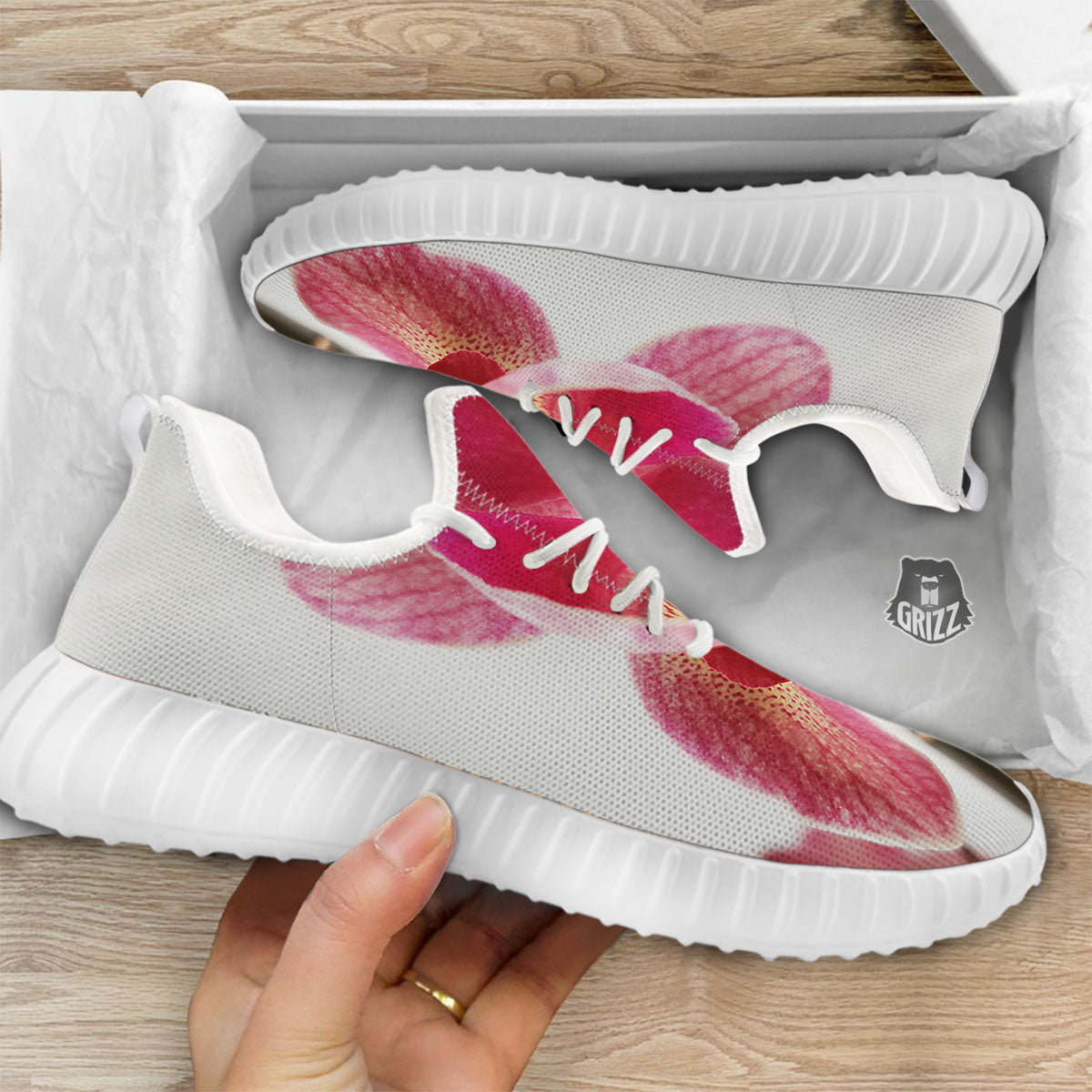 Orchid Flower Pink Print White Walking Shoes-grizzshop