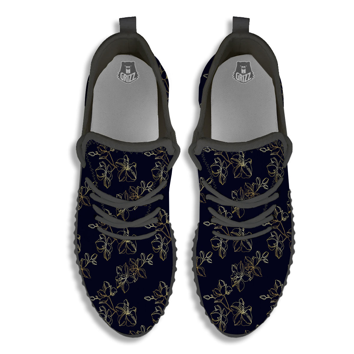 Orchid Golden Print Pattern Black Walking Shoes-grizzshop