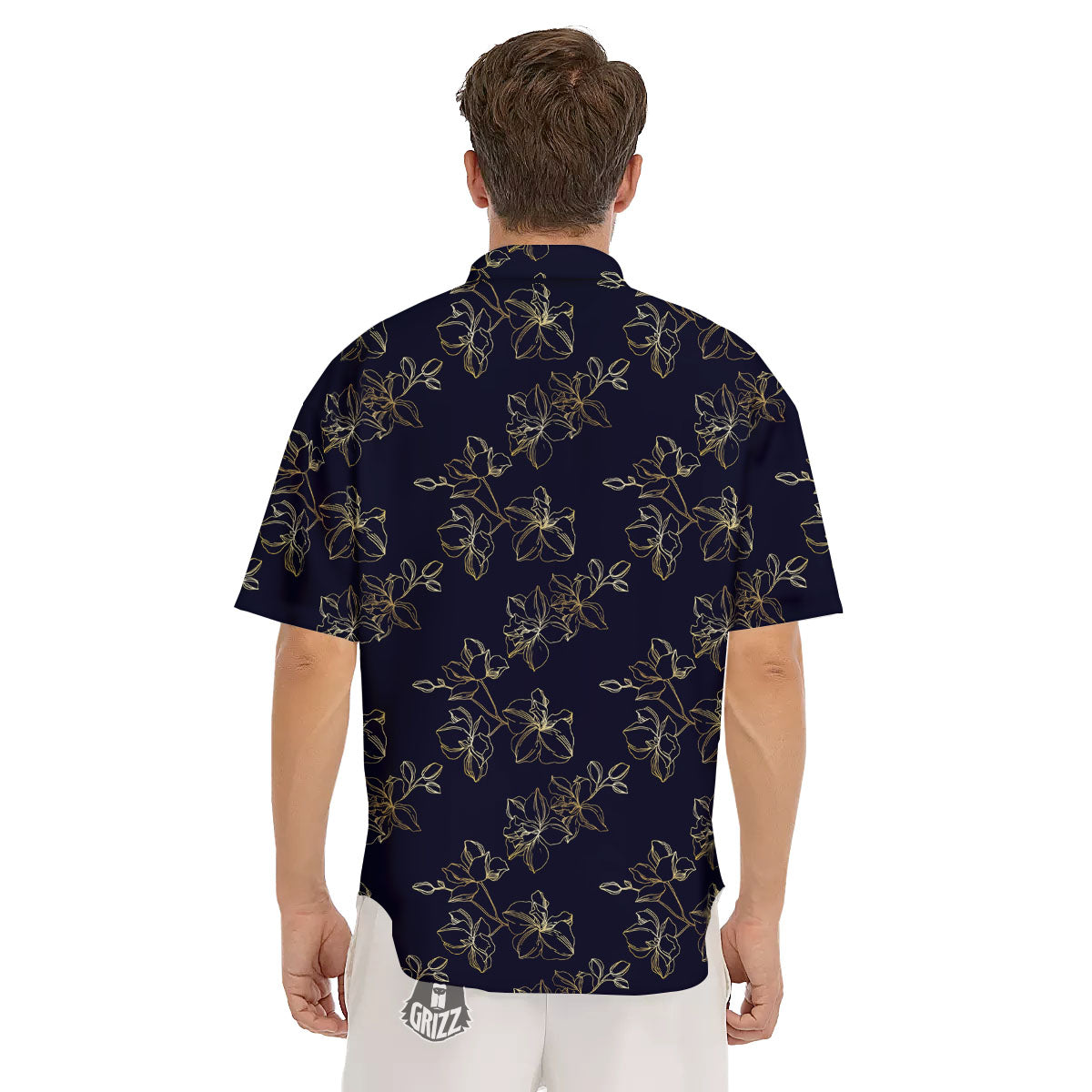 Orchid Golden Print Pattern Men's Short Sleeve Shirts-grizzshop