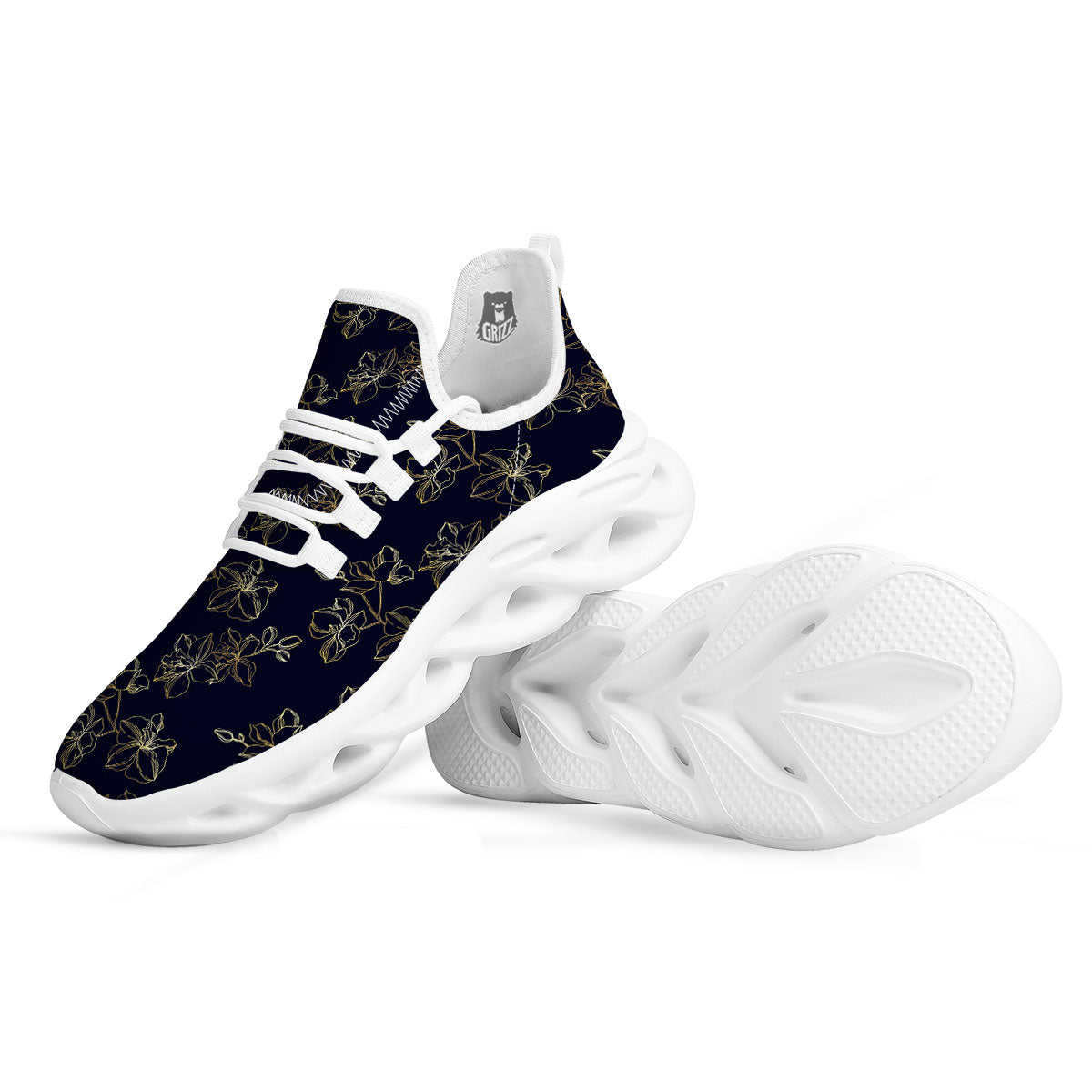 Orchid Golden Print Pattern White Running Shoes-grizzshop