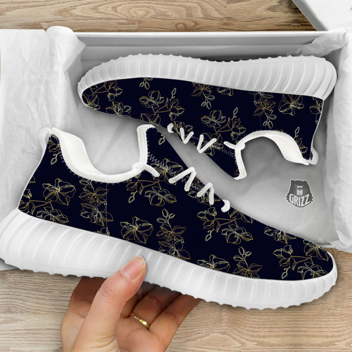 Orchid Golden Print Pattern White Walking Shoes-grizzshop