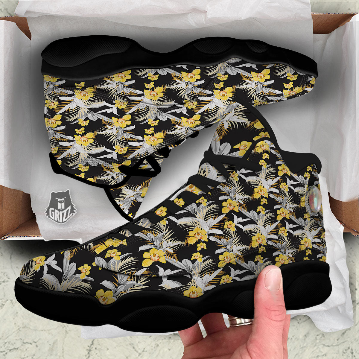 Orchid Yellow Print Pattern Black Basketball Shoes-grizzshop