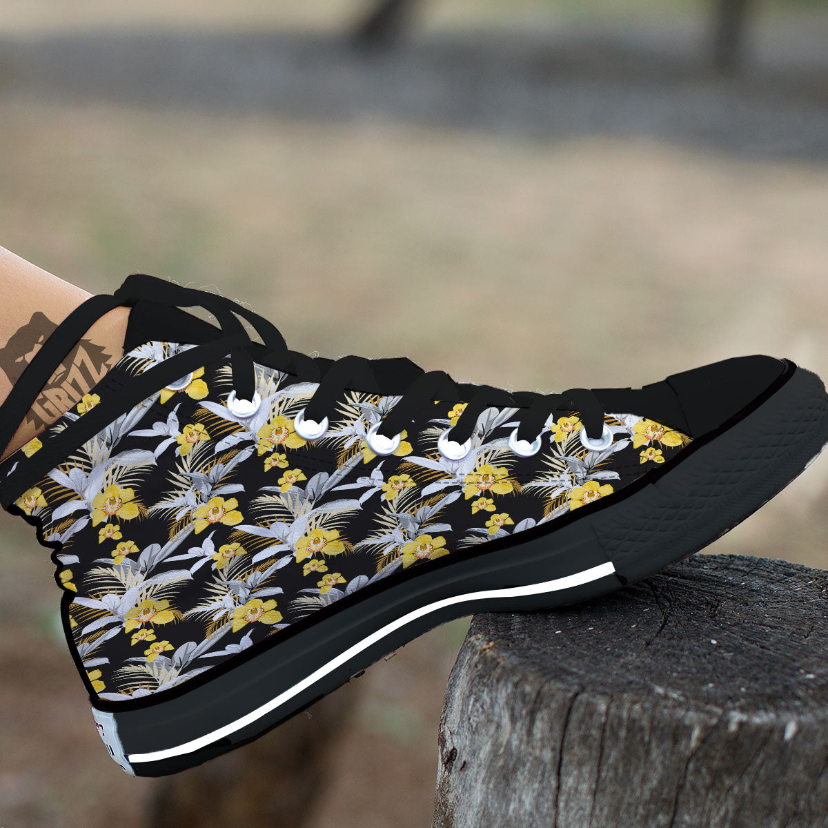 Orchid Yellow Print Pattern Black High Top Shoes-grizzshop