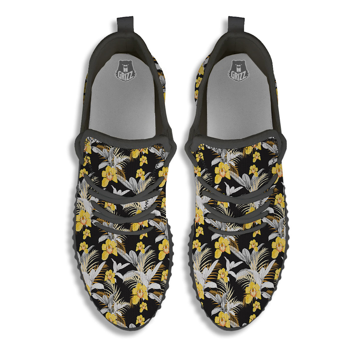Orchid Yellow Print Pattern Black Walking Shoes-grizzshop