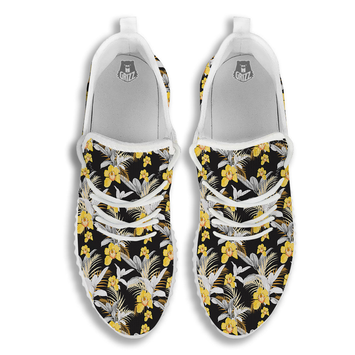 Orchid Yellow Print Pattern White Walking Shoes-grizzshop