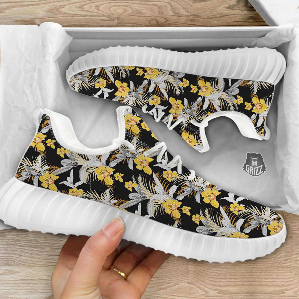 Orchid Yellow Print Pattern White Walking Shoes-grizzshop