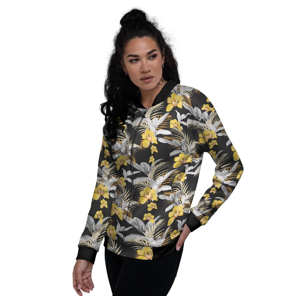 Orchid Yellow Print Pattern Women's Bomber Jacket-grizzshop