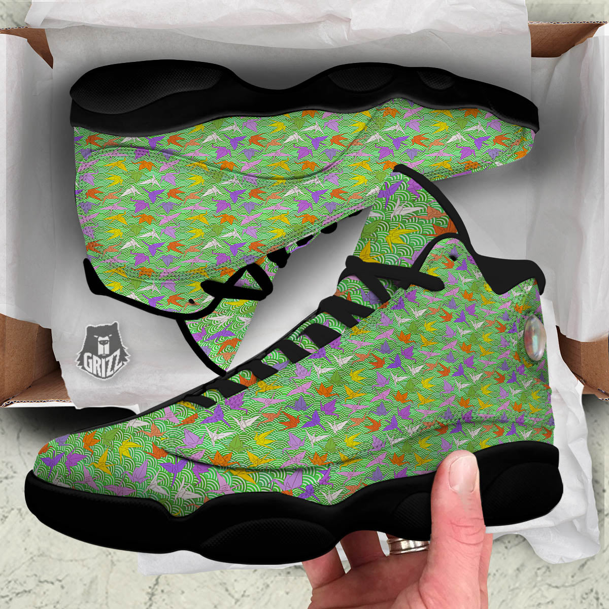 Origami Bird Colorful Print Pattern Black Basketball Shoes-grizzshop