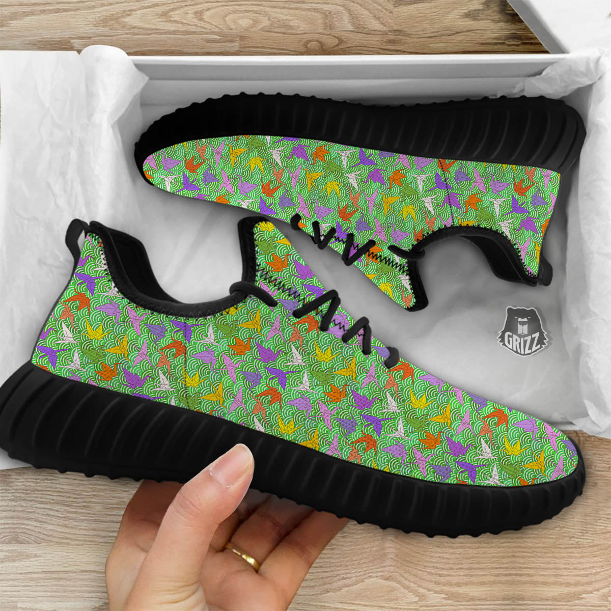 Origami Bird Colorful Print Pattern Black Walking Shoes-grizzshop