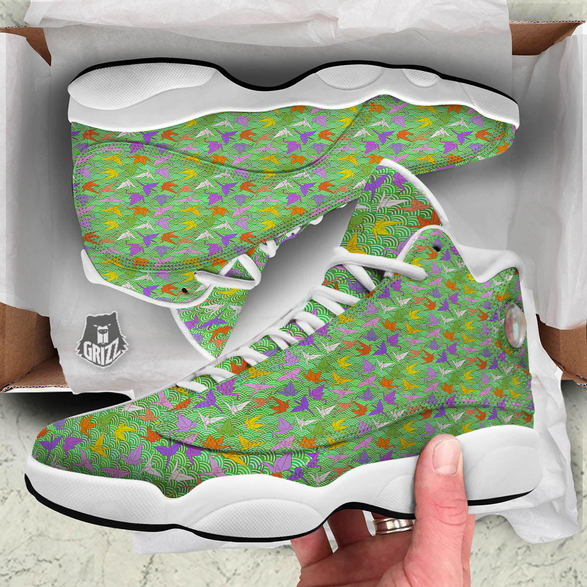 Origami Bird Colorful Print Pattern White Basketball Shoes-grizzshop