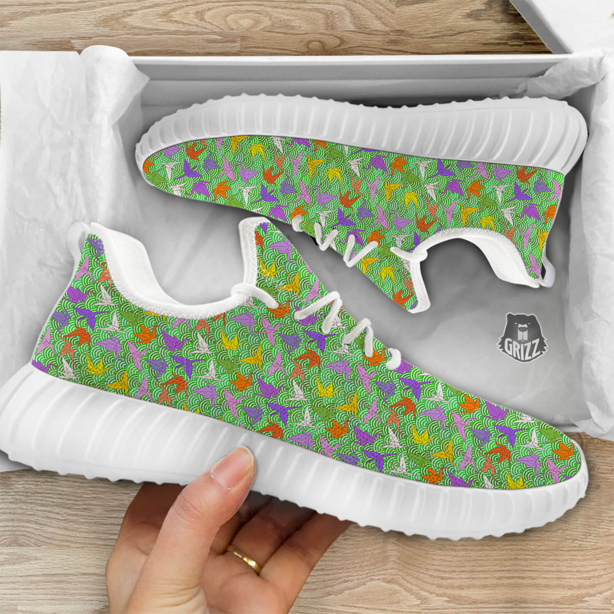 Origami Bird Colorful Print Pattern White Walking Shoes-grizzshop