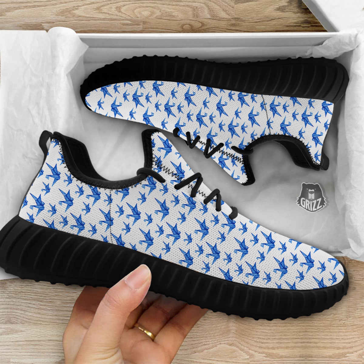 Origami Crane Blue Print Pattern Black Walking Shoes-grizzshop