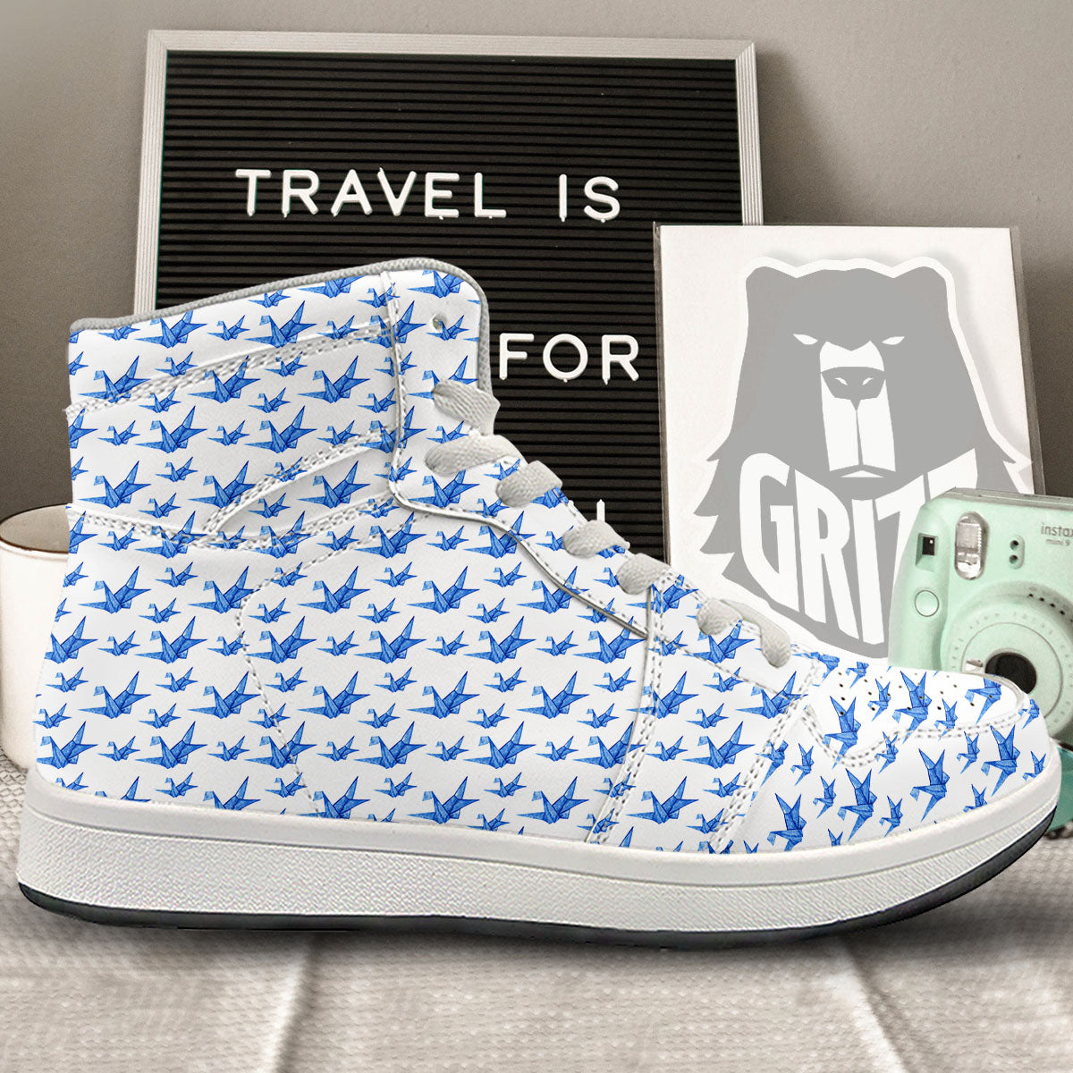Origami Crane Blue Print Pattern High Top Sneakers-grizzshop