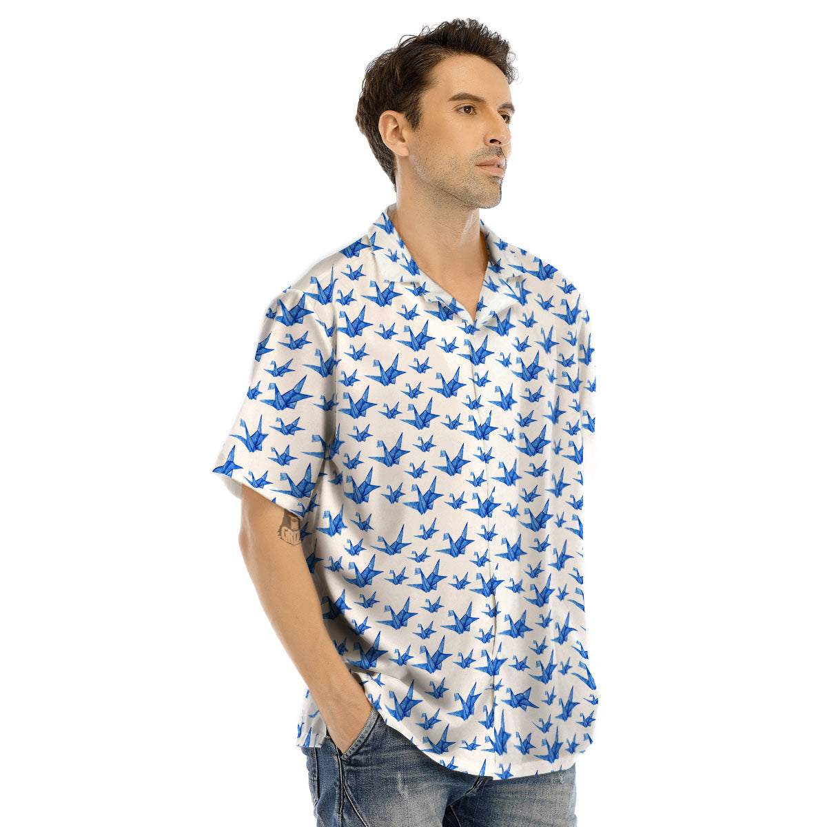 Origami Crane Blue Print Pattern Men's Hawaiian Shirt-grizzshop
