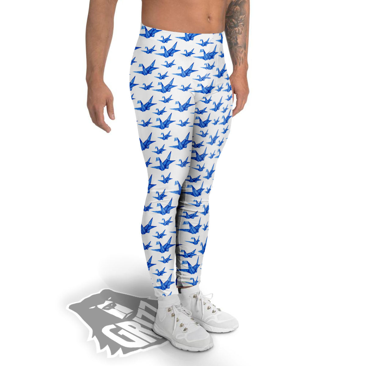 Origami Crane Blue Print Pattern Men's Leggings-grizzshop