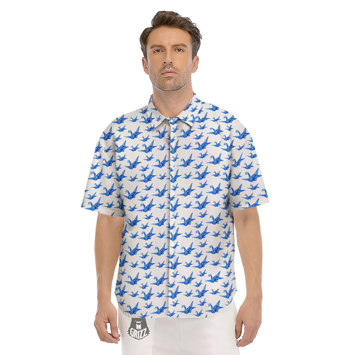 Origami Crane Blue Print Pattern Men's Short Sleeve Shirts-grizzshop