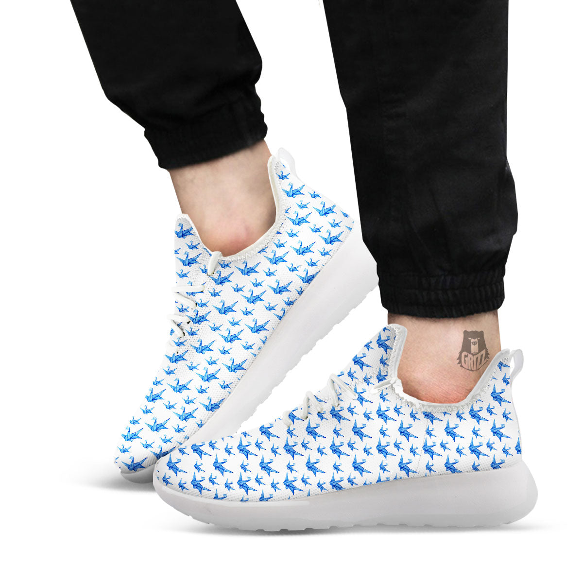 Origami Crane Blue Print Pattern White Athletic Shoes-grizzshop