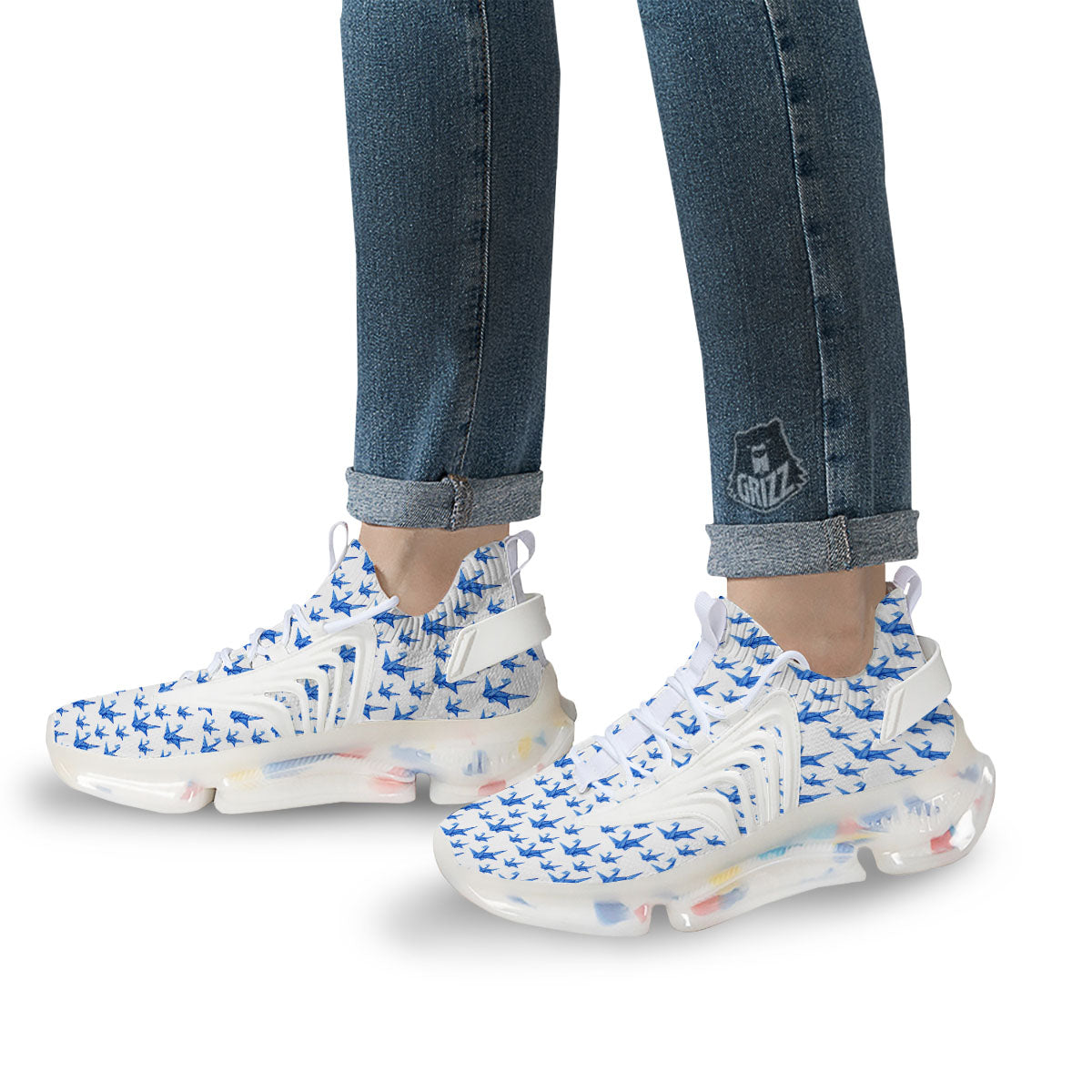 Origami Crane Blue Print Pattern White Gym Shoes-grizzshop