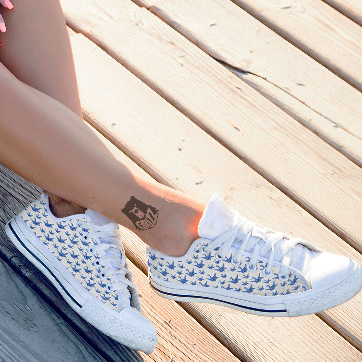 Origami Crane Blue Print Pattern White Low Top Shoes-grizzshop