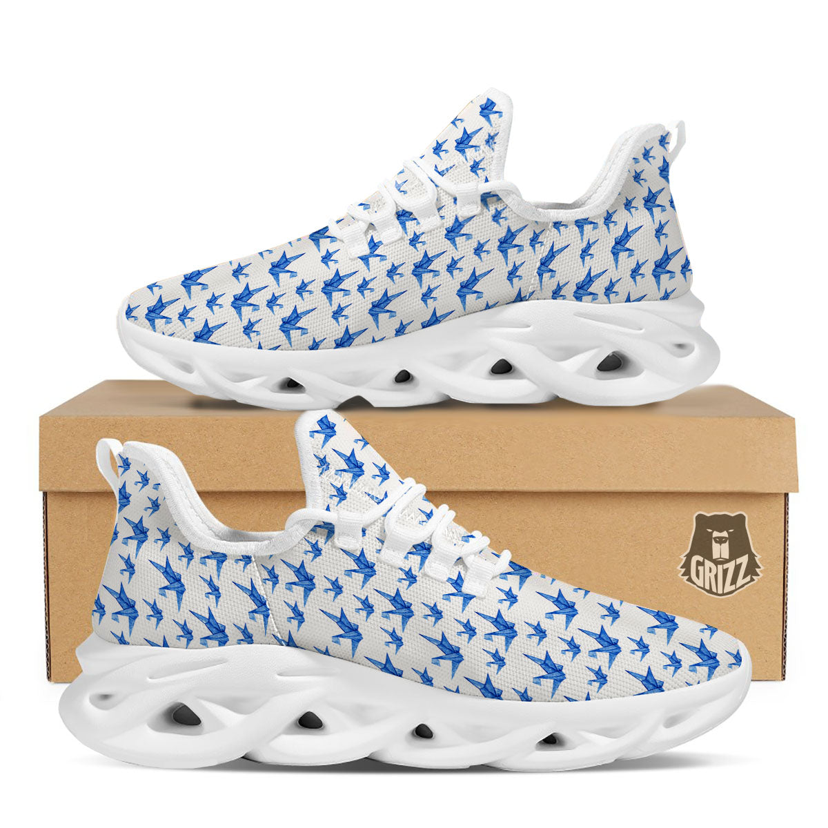 Origami Crane Blue Print Pattern White Running Shoes-grizzshop