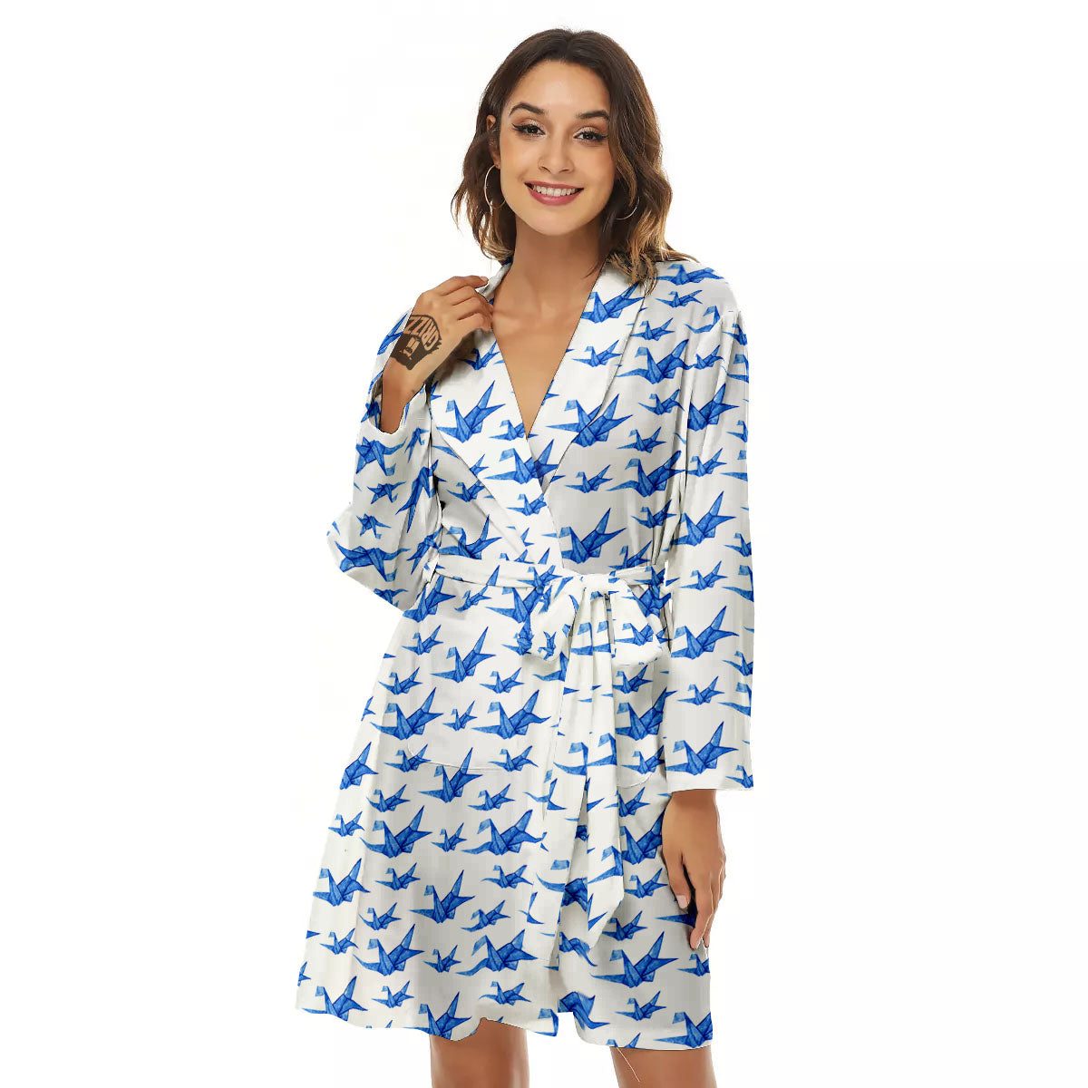 Origami Crane Blue Print Pattern Women's Robe-grizzshop