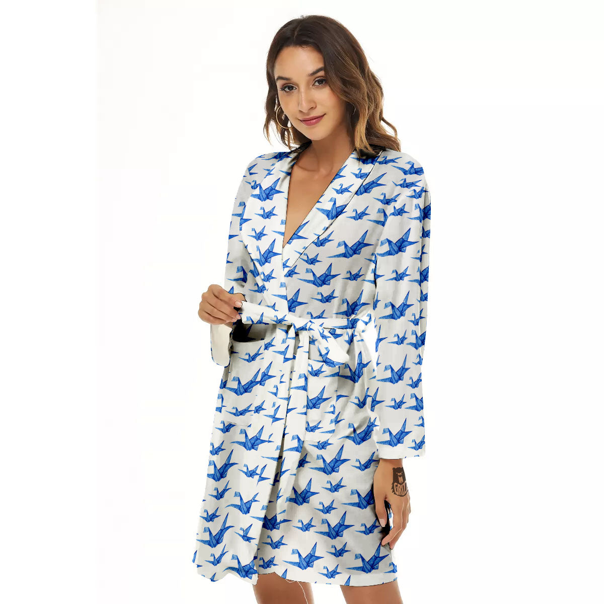 Origami Crane Blue Print Pattern Women's Robe-grizzshop