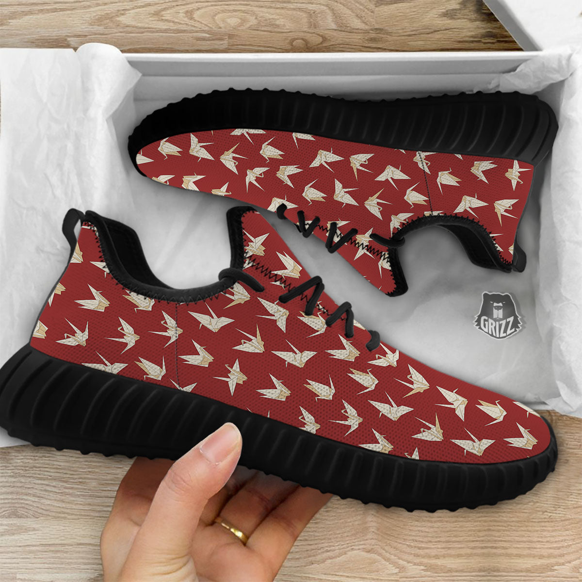 Origami Crane Japanese Print Pattern Black Walking Shoes-grizzshop