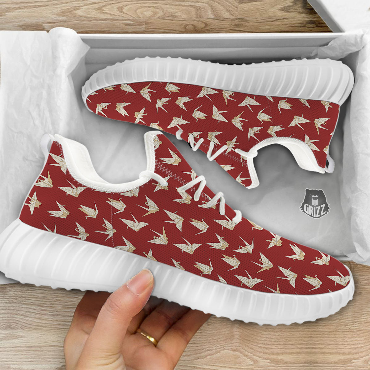 Origami Crane Japanese Print Pattern White Walking Shoes-grizzshop
