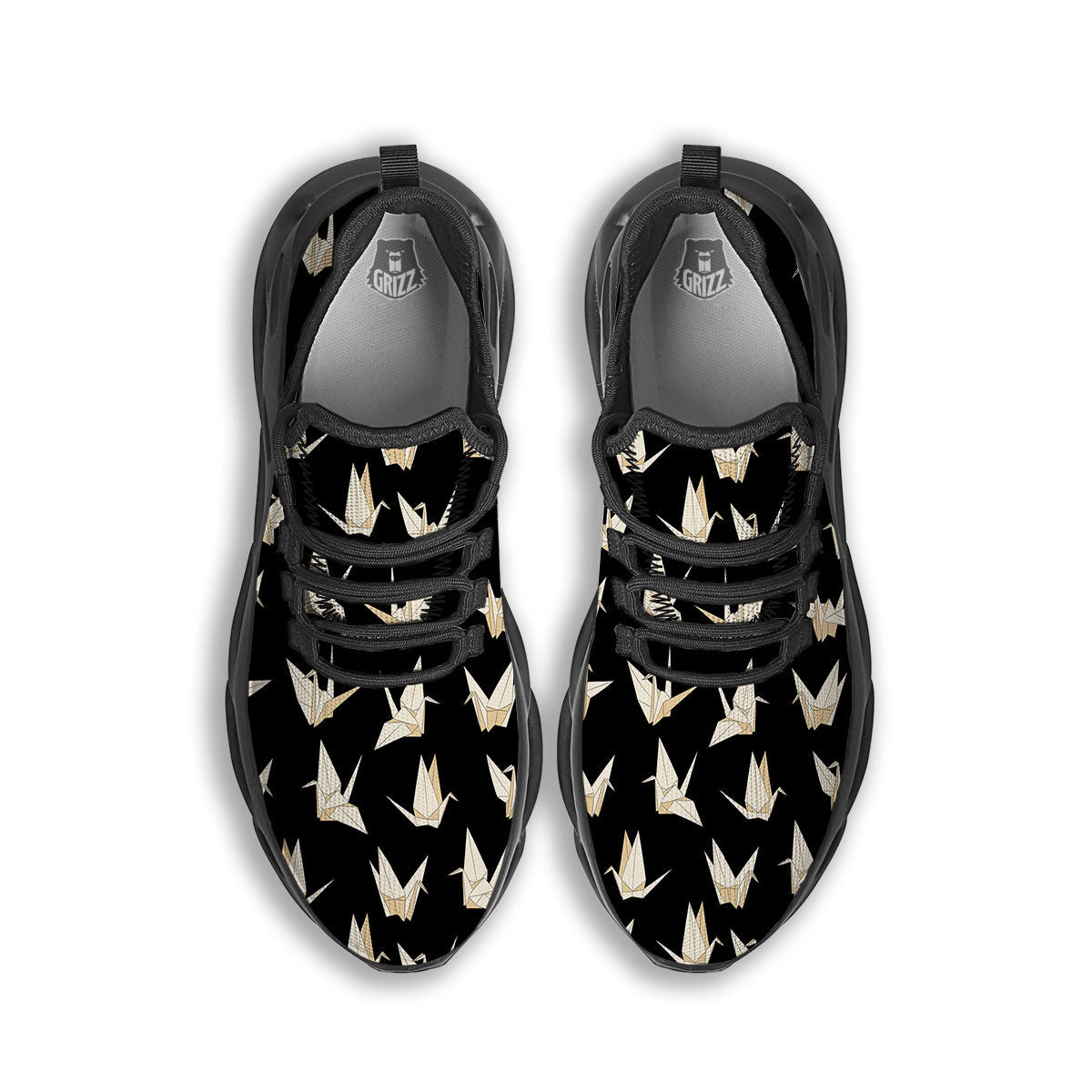 Origami White And Black Print Pattern Black Running Shoes-grizzshop
