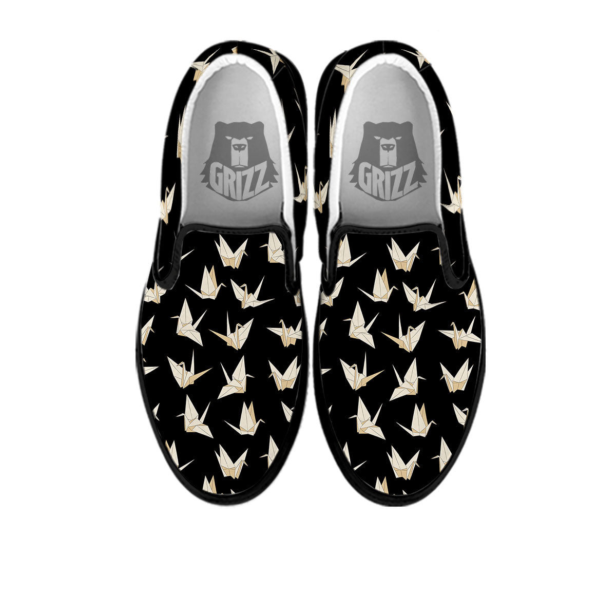 Origami White And Black Print Pattern Black Slip On Shoes-grizzshop