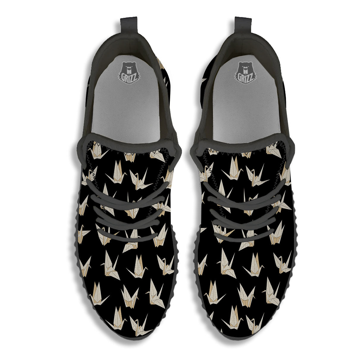 Origami White And Black Print Pattern Black Walking Shoes-grizzshop