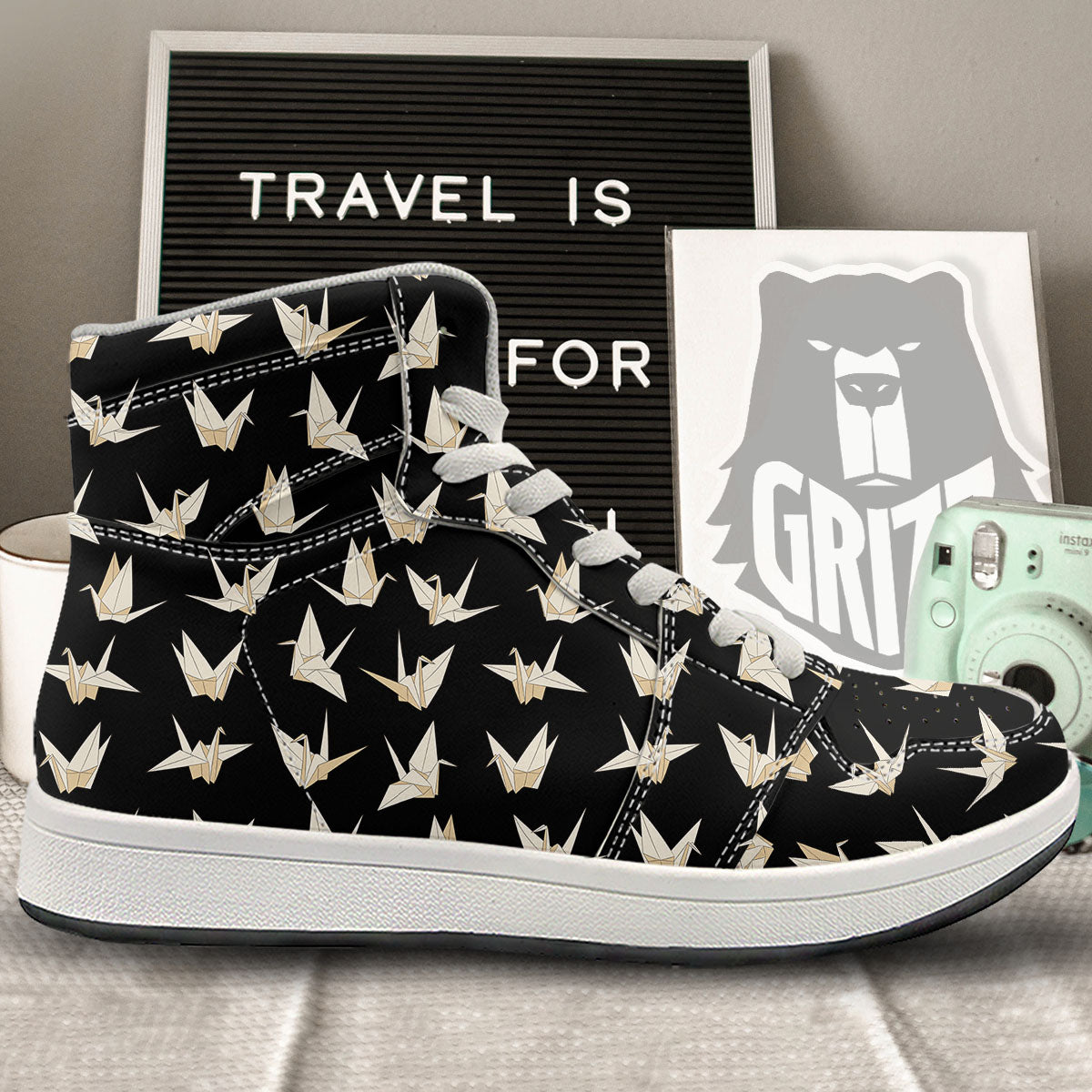 Origami White And Black Print Pattern High Top Sneakers-grizzshop