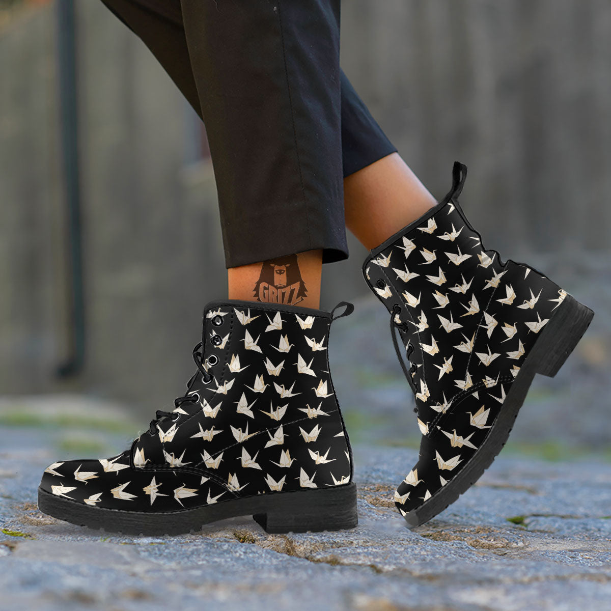 Origami White And Black Print Pattern Leather Boots-grizzshop