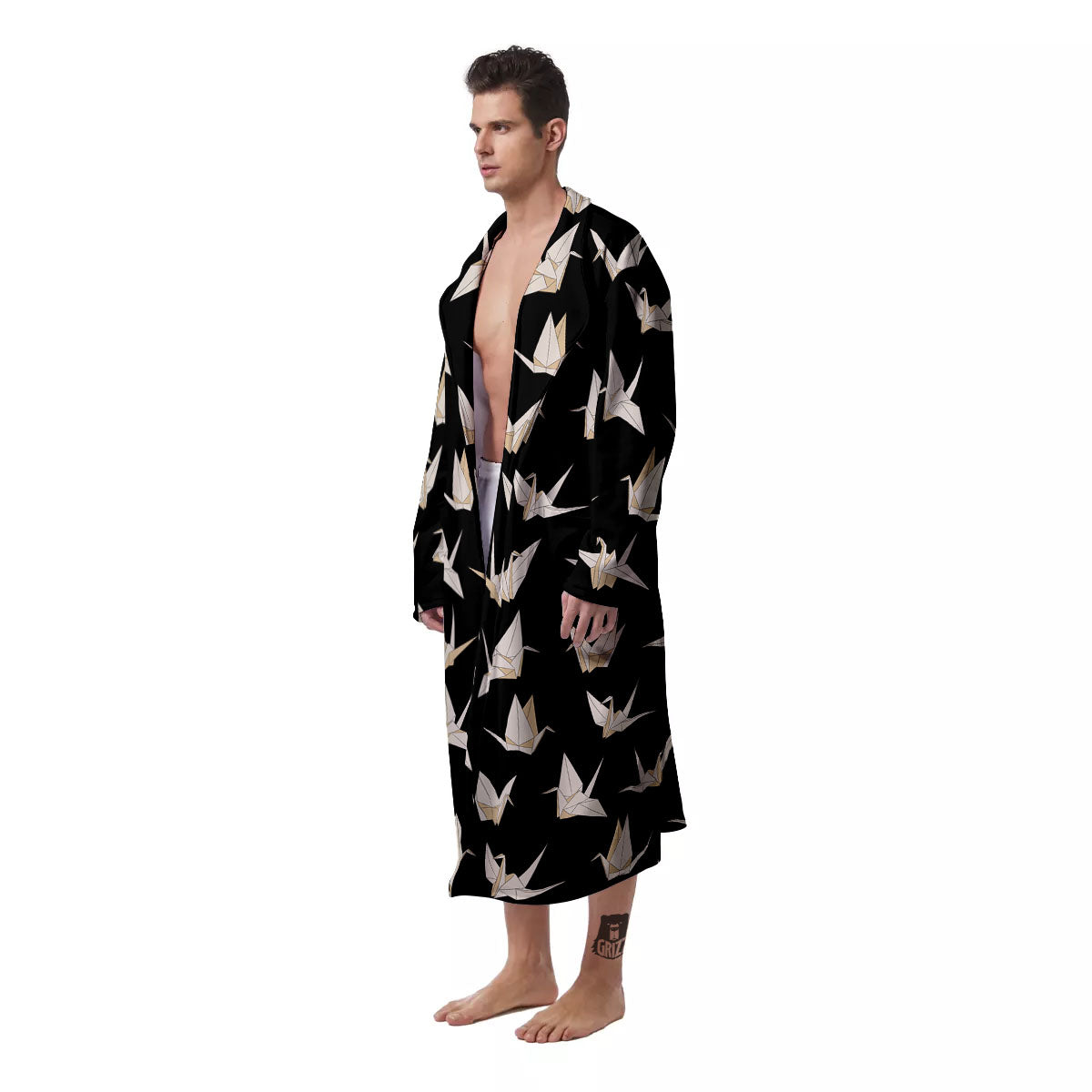 Origami White And Black Print Pattern Men's Robe-grizzshop